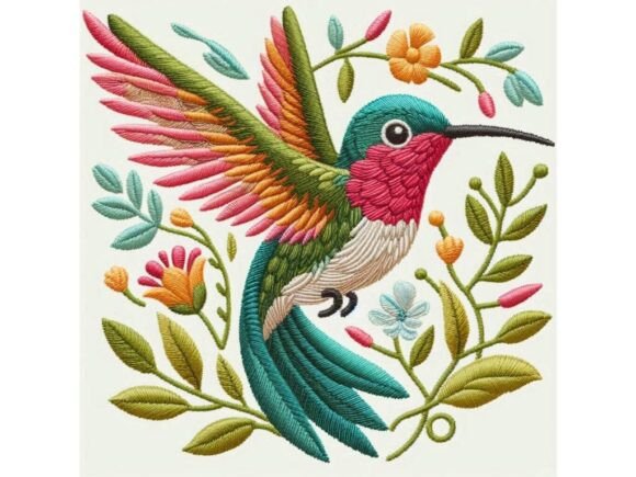 Embroidery-style Hummingbird Stitched in
